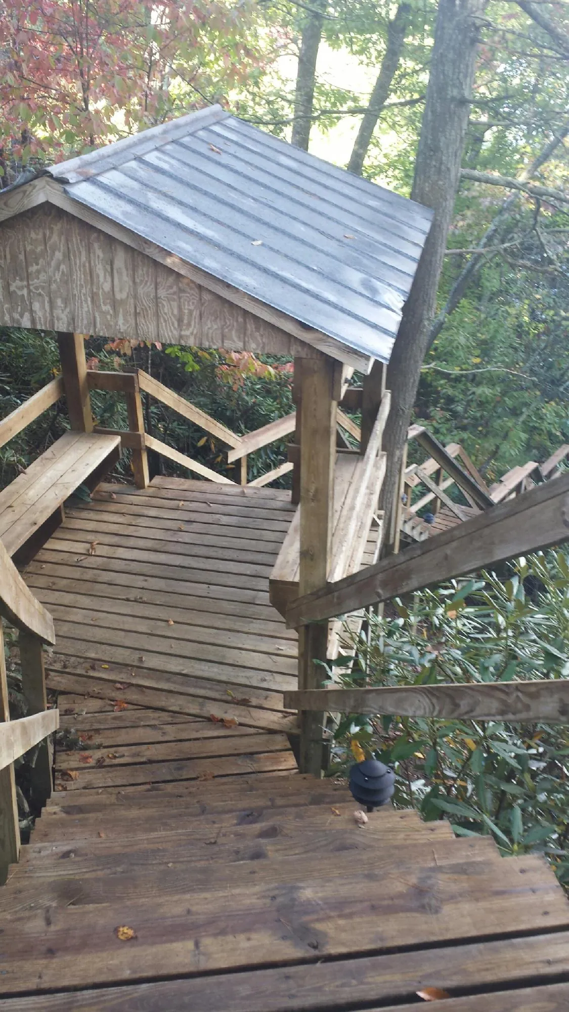 Metal roofed shelter over wooden steps on a wooded walkway — Skylight Repair & Installation work by our crew in Liberty Mills